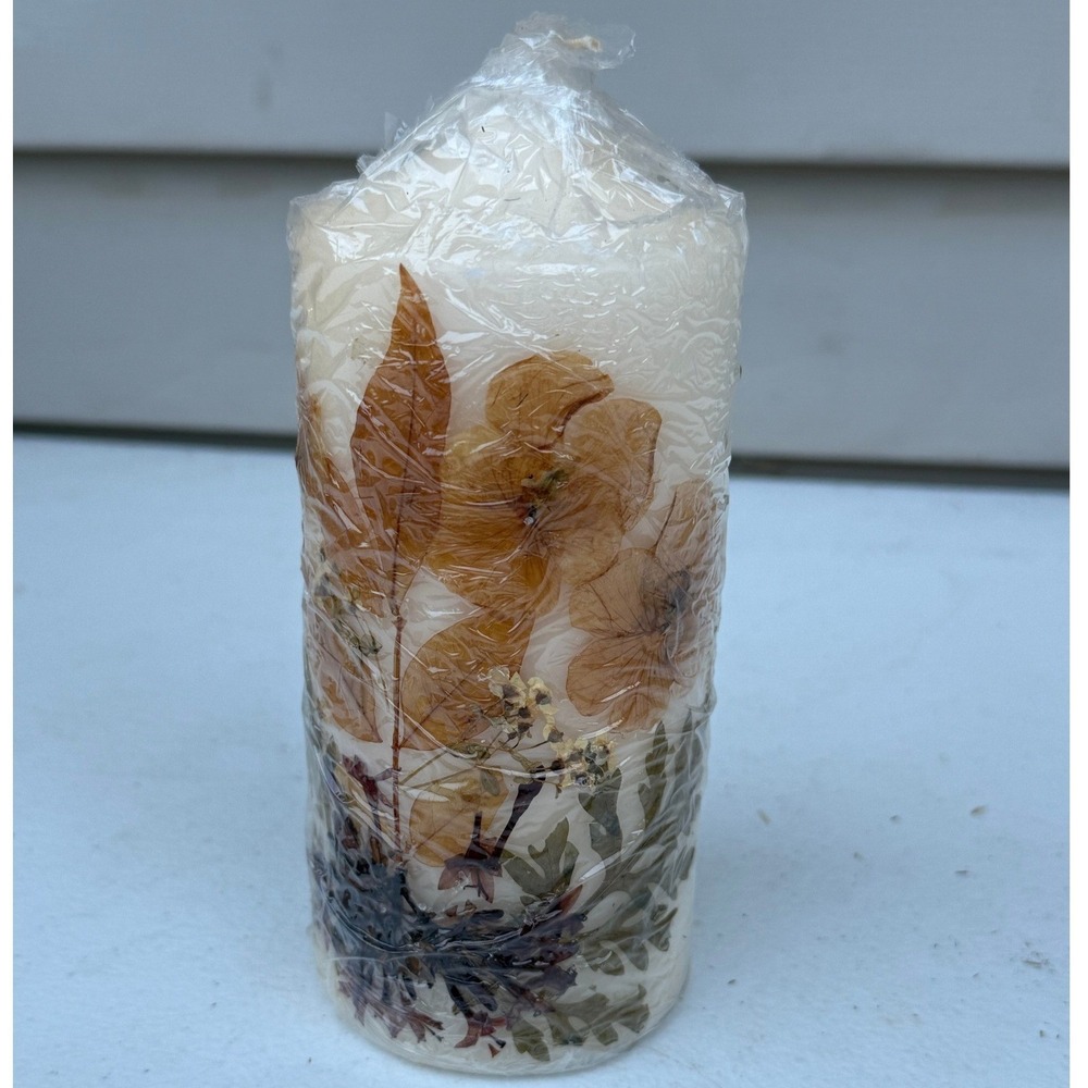 Wick-lite Botanical Pillar Candle Real Pressed Flowers 7 Inch Ivory Autumnal
